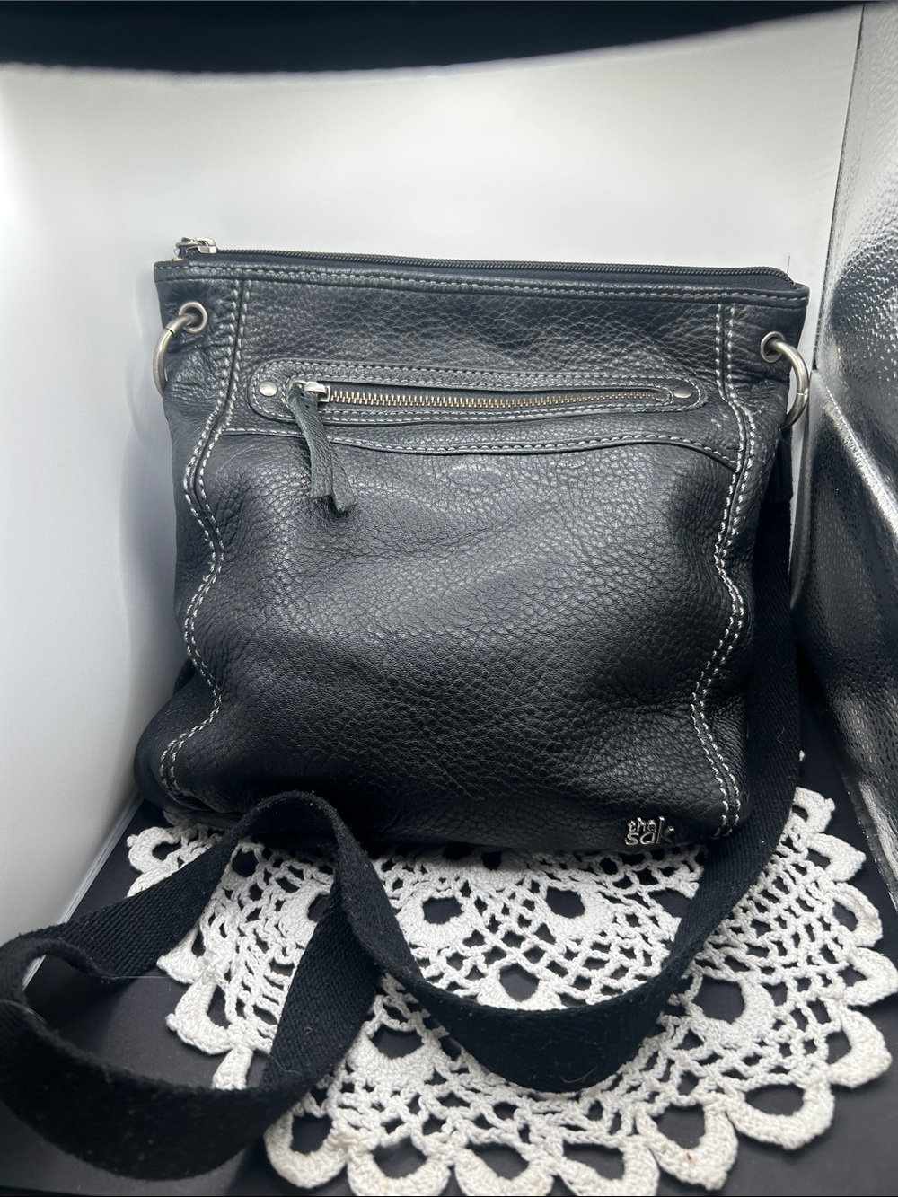 The Sak Black Pebbled Leather Crossbody with Contrast Stitching